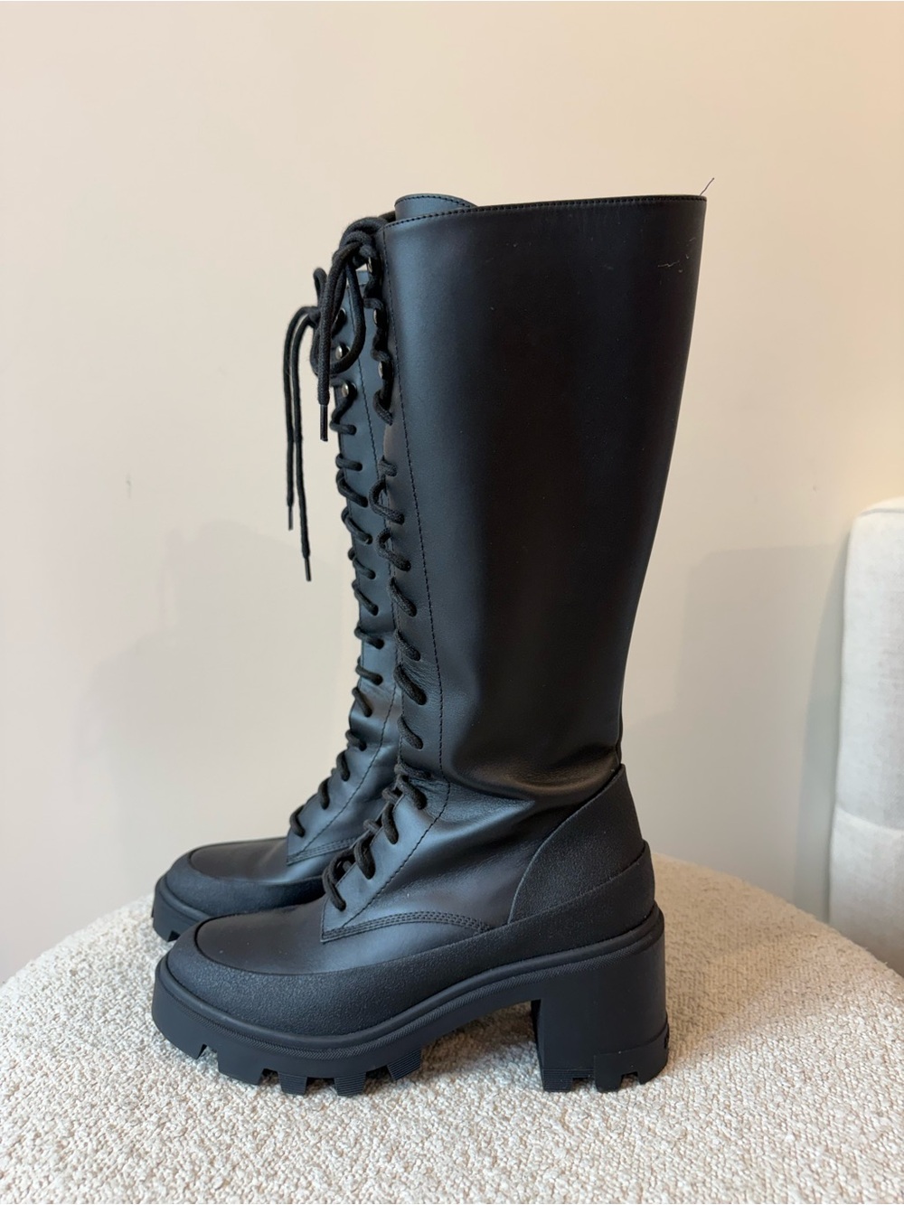 Moncler Black Lace-Up Knee High Chunky Heel Boots